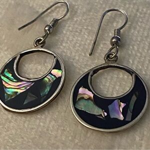 Alpaca Abalone and Black Enamel Mexico Silver Tone Dangle Earrings Handmade